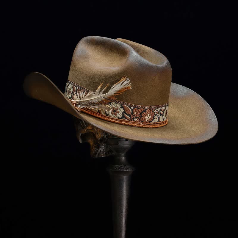 Cappello da cowboy in lana con piume decorative e fiori jacquard - Cammello - M (22"-21 7/8") - image 0