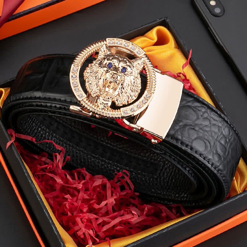 Cintura in pelle con fibbia automatica con strass a forma di lupo rotondo da uomo - image 1