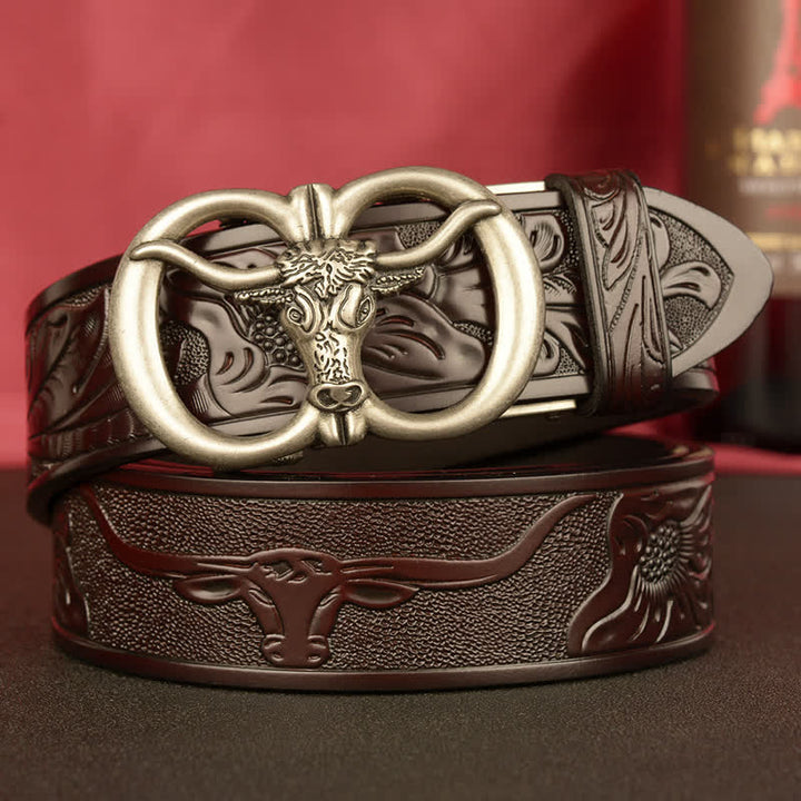 Cintura in pelle con fibbia automatica a forma di toro a doppio anello da uomo - Marrone / Argento - 46 - image 18