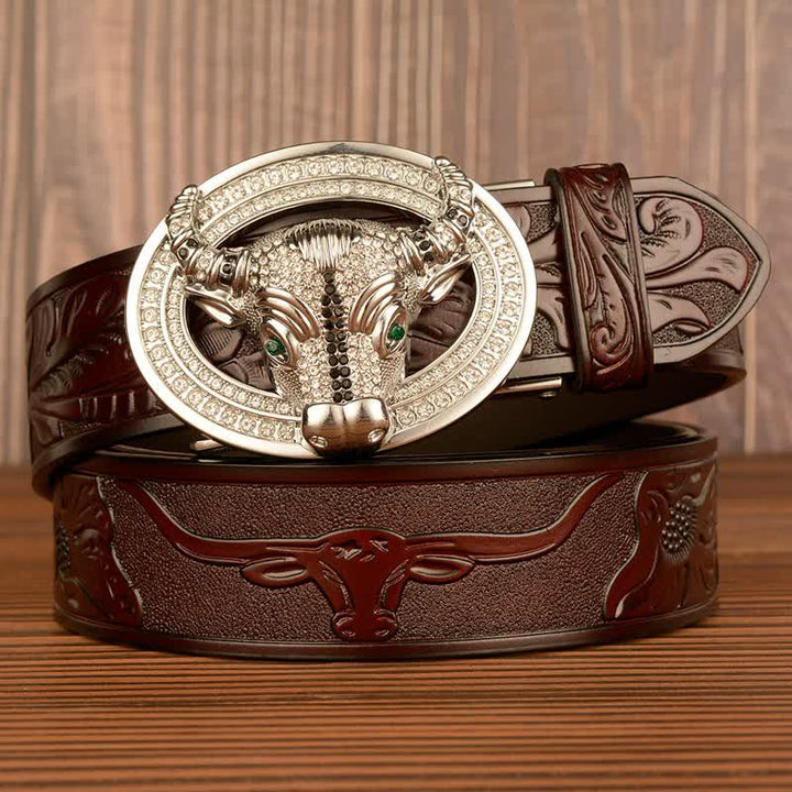 Cintura da uomo in pelle con fibbia automatica con strass scintillanti - Marrone / Argento - 46 - image 5