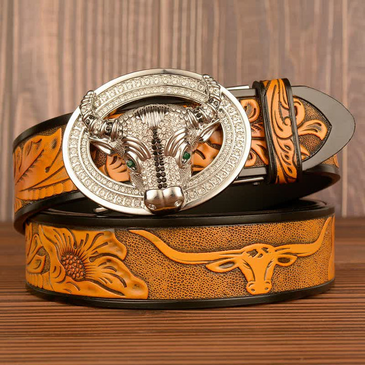 Cintura da uomo in pelle con fibbia automatica con strass scintillanti - Marrone sabbia / Argento - 46 - image 0