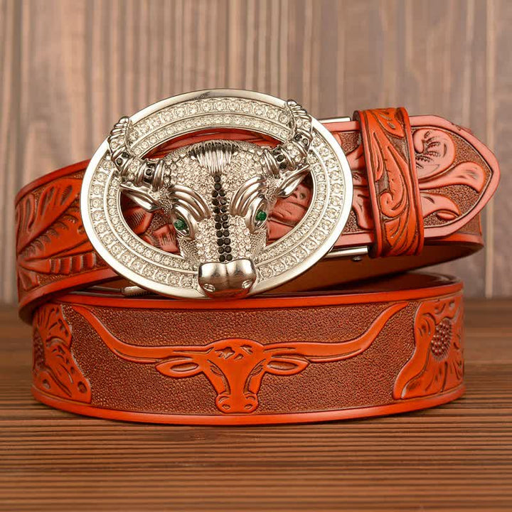 Cintura da uomo in pelle con fibbia automatica con strass scintillanti - Arancione / Argento - 46 - image 12