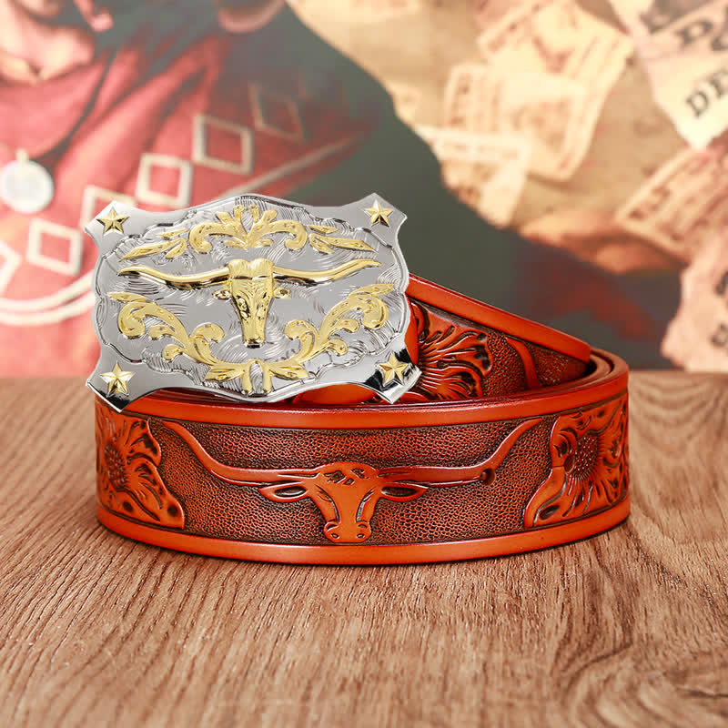 Cintura da uomo in pelle con testa di toro 3D in argento e oro - Arancia - 46 - image 3