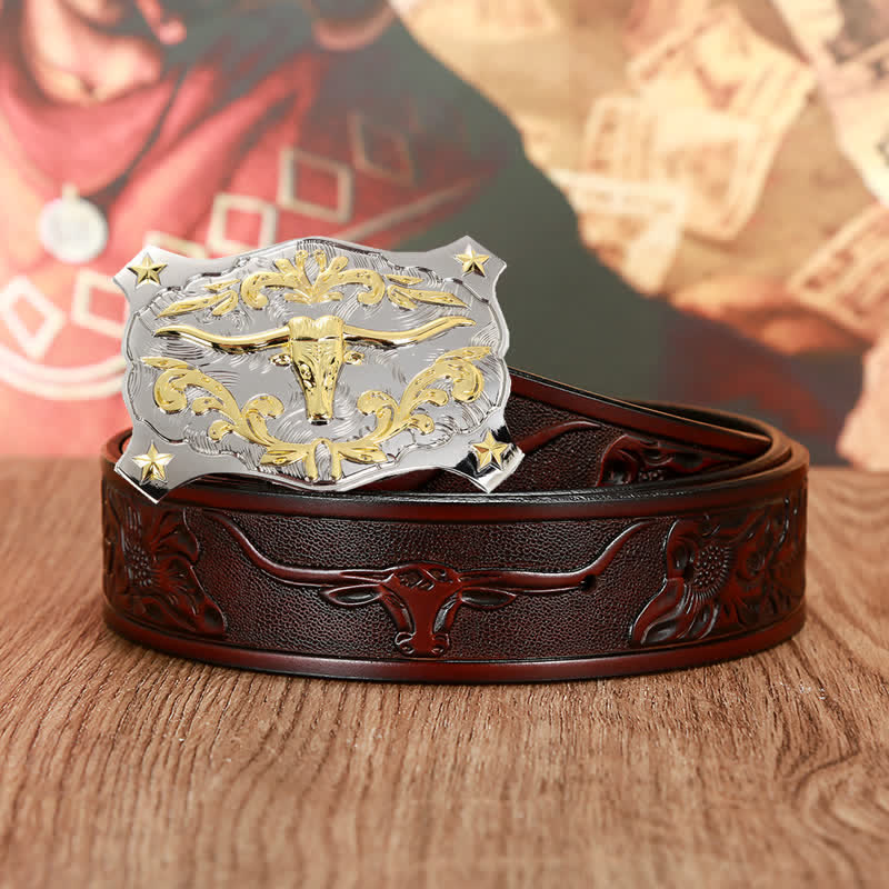 Cintura da uomo in pelle con testa di toro 3D in argento e oro - Caffè - 46 - image 2