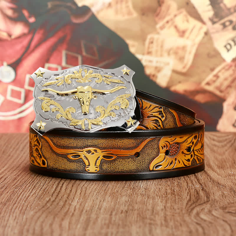 Cintura da uomo in pelle con testa di toro 3D in argento e oro - Marrone sabbia - 46 - image 0