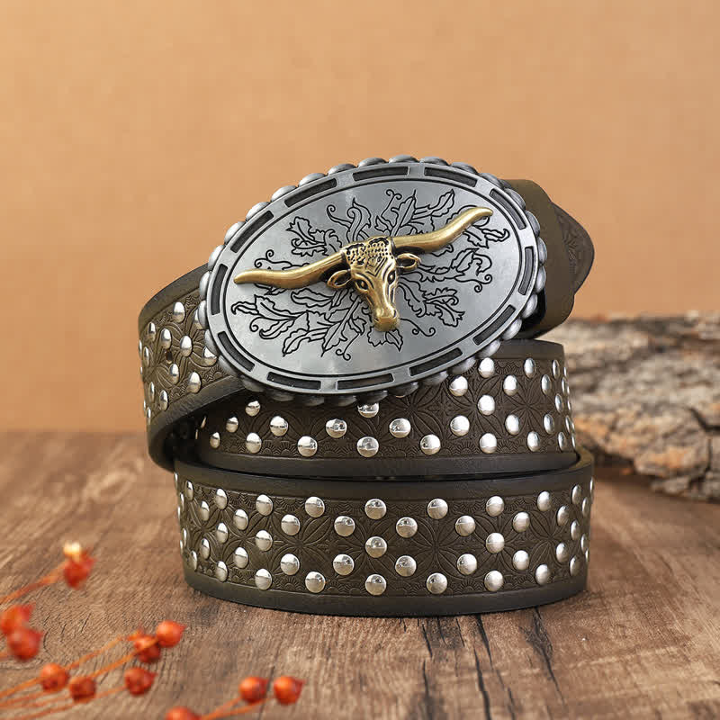 Cintura in pelle con decorazioni con borchie a testa di toro in argento da uomo - Caffè - 40 - image 0