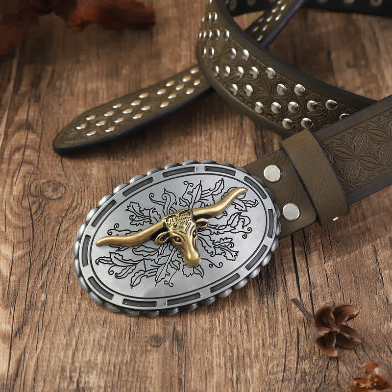 Cintura in pelle con decorazioni con borchie a testa di toro in argento da uomo - image 1
