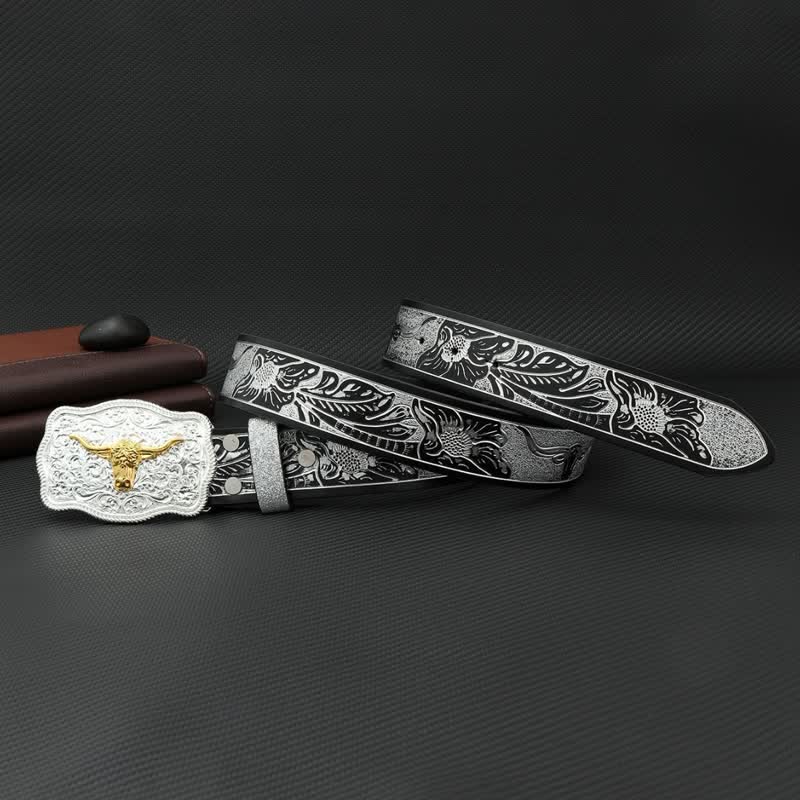Cintura da uomo in pelle con stampa floreale in rilievo color argento e nero Bull - image 2