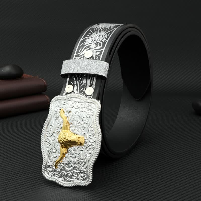 Cintura da uomo in pelle con stampa floreale in rilievo color argento e nero Bull - image 1