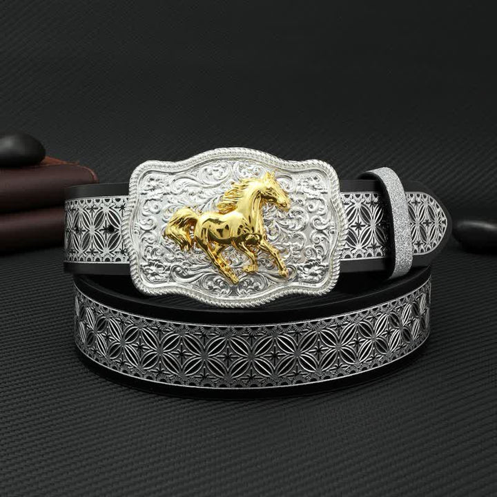 Cintura da uomo in pelle goffrata con motivo a cavallo in argento - Cavallo - 42 - image 0