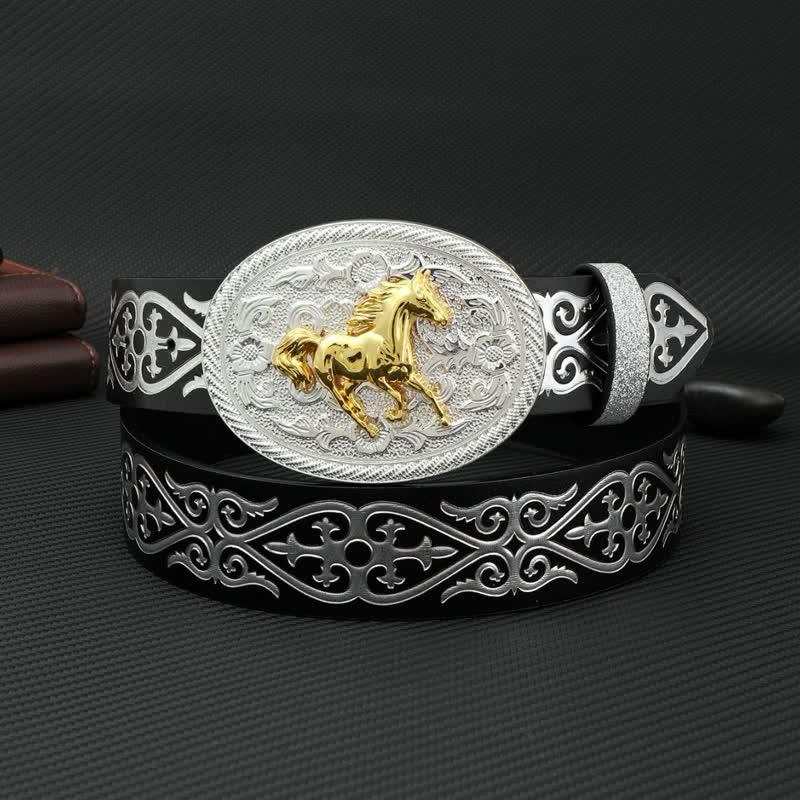 Cintura da uomo in pelle goffrata color argento con motivo a cavallo da corsa rotondo - Cavallo - 42 - image 0