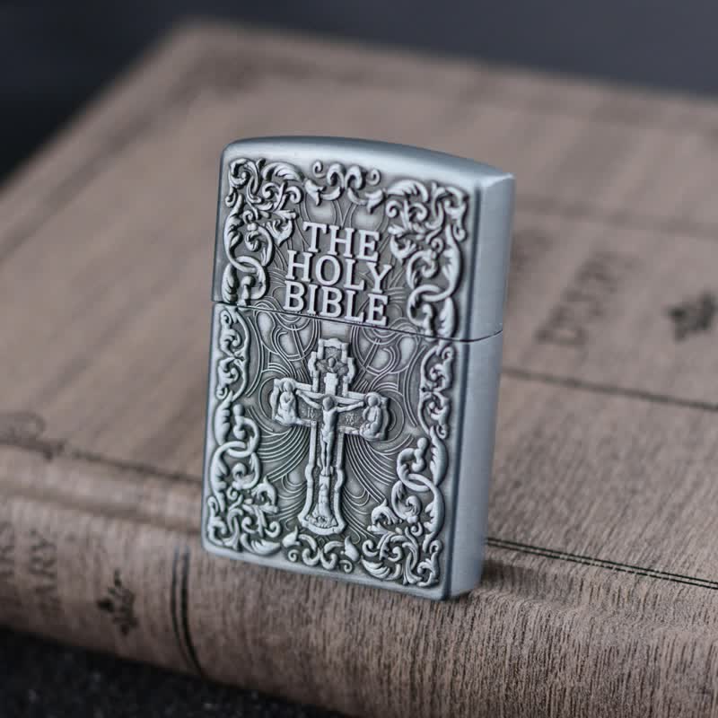 Accendino a butano ricaricabile con mola a croce della Sacra Bibbia - Argento - image 0