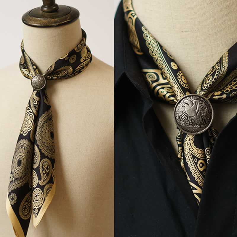 Sciarpa quadrata Paisley di lusso nera e oro con fibbia per sciarpa - Nero e oro - image 0