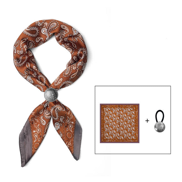 Sciarpa quadrata retrò con fiore di anacardi e fibbia per sciarpa - Arancione scuro - Fibbia per monete - image 7