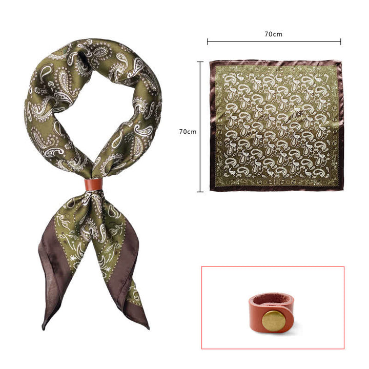 Sciarpa quadrata retrò con fiore di anacardi e fibbia per sciarpa - Verde oliva - Fibbia in pelle - image 2