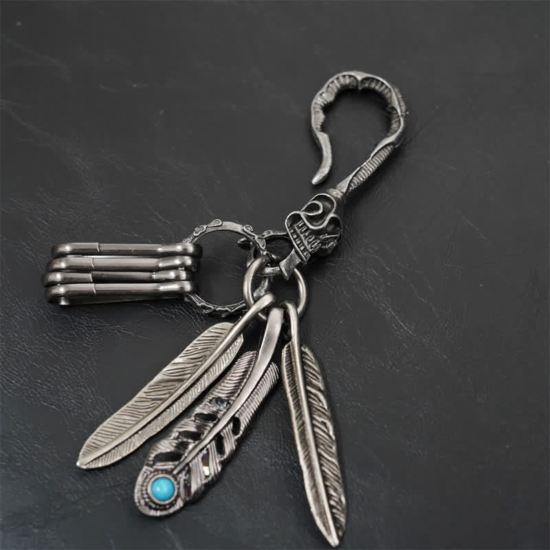 Portachiavi in pelle turchese blu con piume di teschio boho - Stile n. 2 - image 5