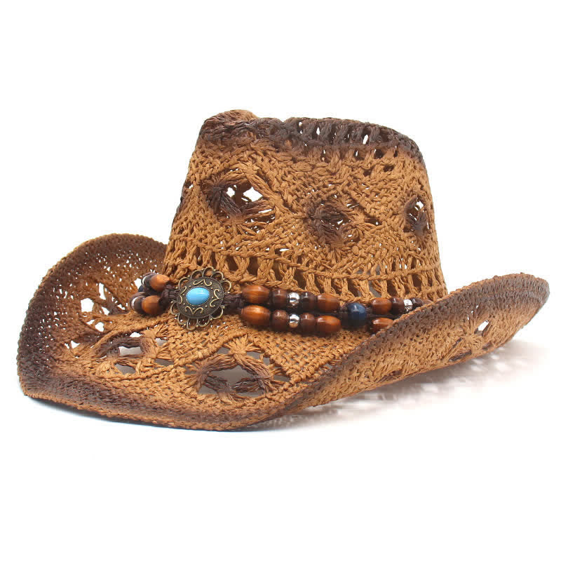 Cappello di paglia da cowboy e cowgirl con perline traforate Boho - Caffè - M (22"-22 7/8") - image 0