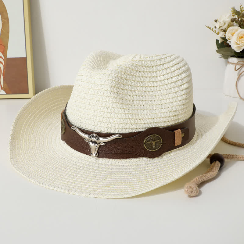 Cappello di paglia con protezione solare per spiaggia estiva con decorazione per bovini - Avorio - M (22"-22 7/8") - image 3
