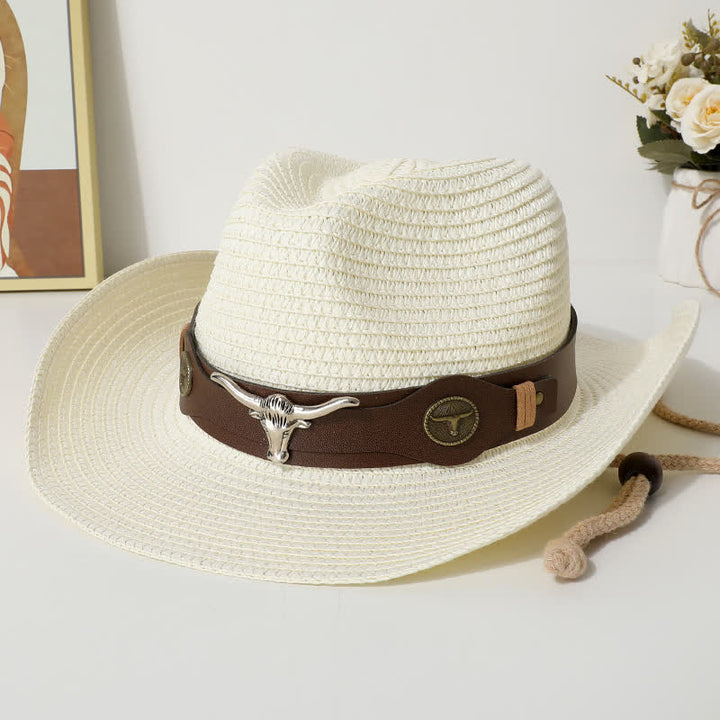 Cappello di paglia con protezione solare per spiaggia estiva con decorazione per bovini - Avorio - M (22"-22 7/8") - image 3
