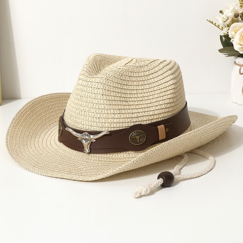 Cappello di paglia con protezione solare per spiaggia estiva con decorazione per bovini - Beige - M (22"-22 7/8") - image 4
