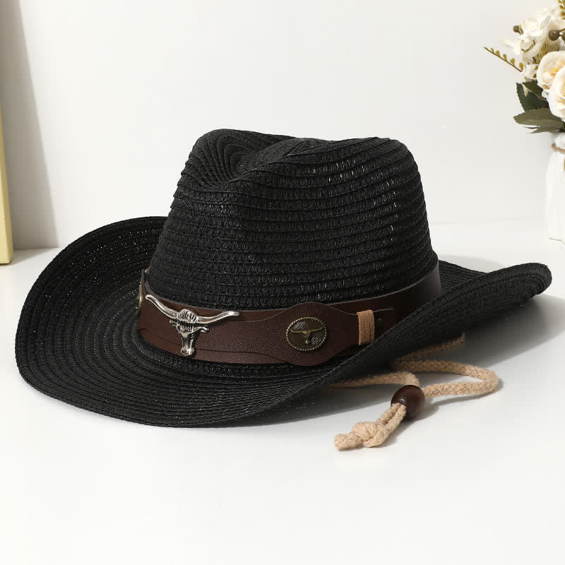 Cappello di paglia con protezione solare per spiaggia estiva con decorazione per bovini - Nero - M (22"-22 7/8") - image 2