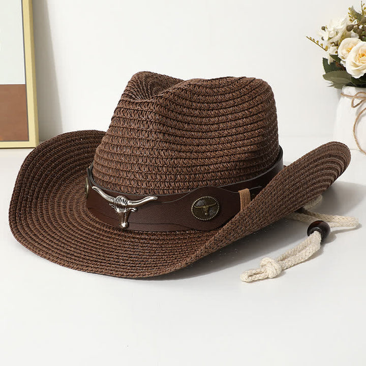 Cappello di paglia con protezione solare per spiaggia estiva con decorazione per bovini - Caffè - M (22"-22 7/8") - image 5