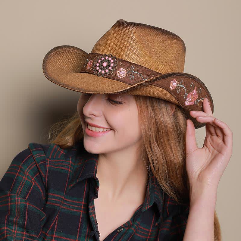 Cappello di paglia da cowboy con fiore rosa, stile western, da cowgirl - image 3