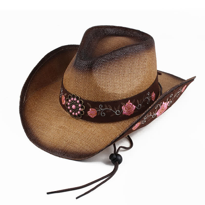 Cappello di paglia da cowboy con fiore rosa, stile western, da cowgirl - Marrone - M (22"-22 7/8") - image 0