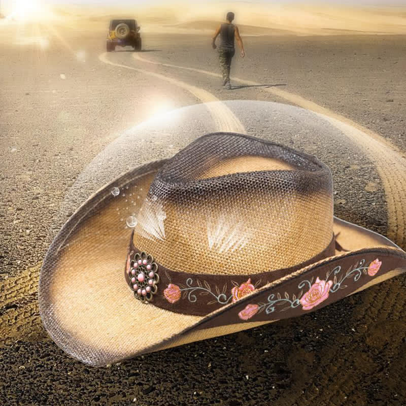 Cappello di paglia da cowboy con fiore rosa, stile western, da cowgirl - image 1