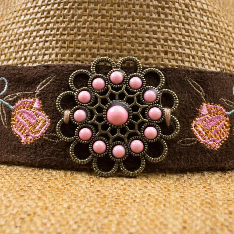 Cappello di paglia da cowboy con fiore rosa, stile western, da cowgirl - image 5