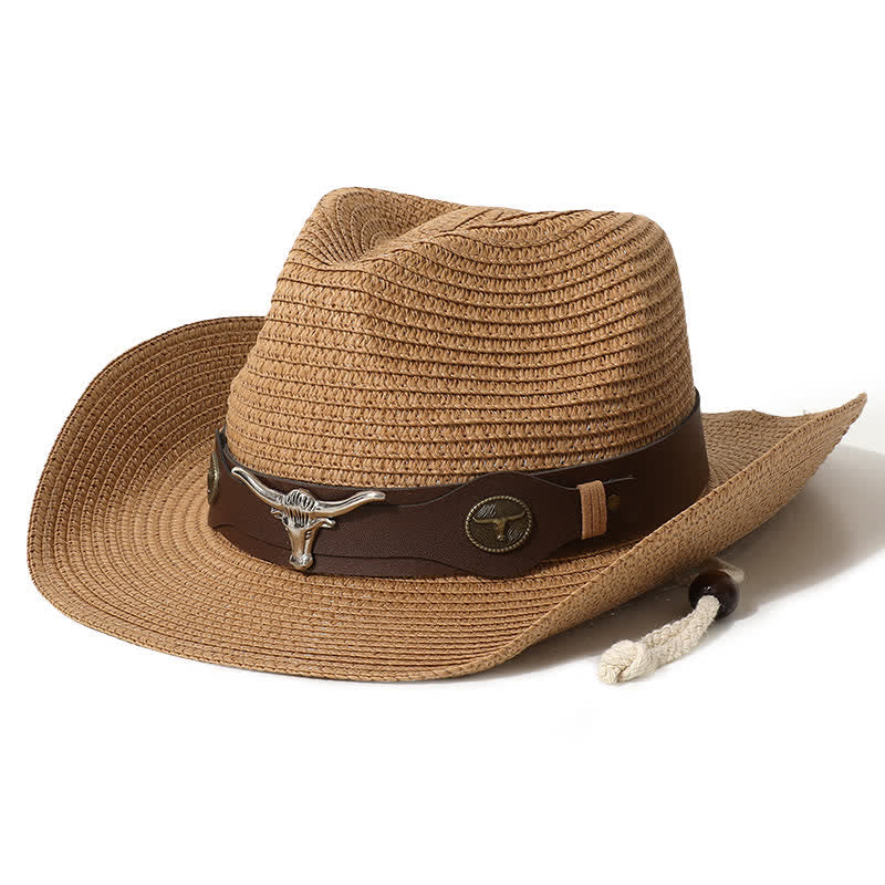 Cappello di paglia con protezione solare per spiaggia estiva con decorazione per bovini - Cachi - M (22"-22 7/8") - image 0