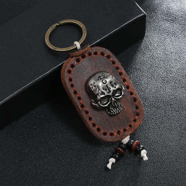 Portachiavi in pelle con ciondolo decorativo teschio punk 3D - Marrone - image 0