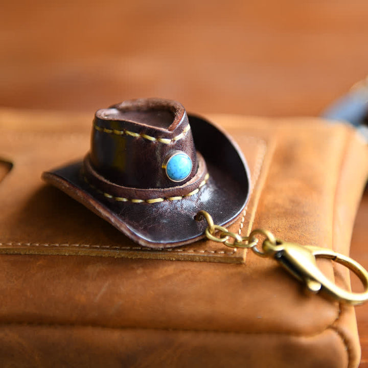 Mini cappello da cowboy in pelle portachiavi fatto a mano - Marrone - image 11