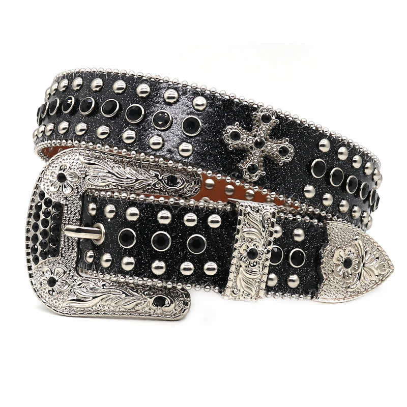 Cintura in pelle con borchie a croce Western Bling - Nero - 44 - image 0