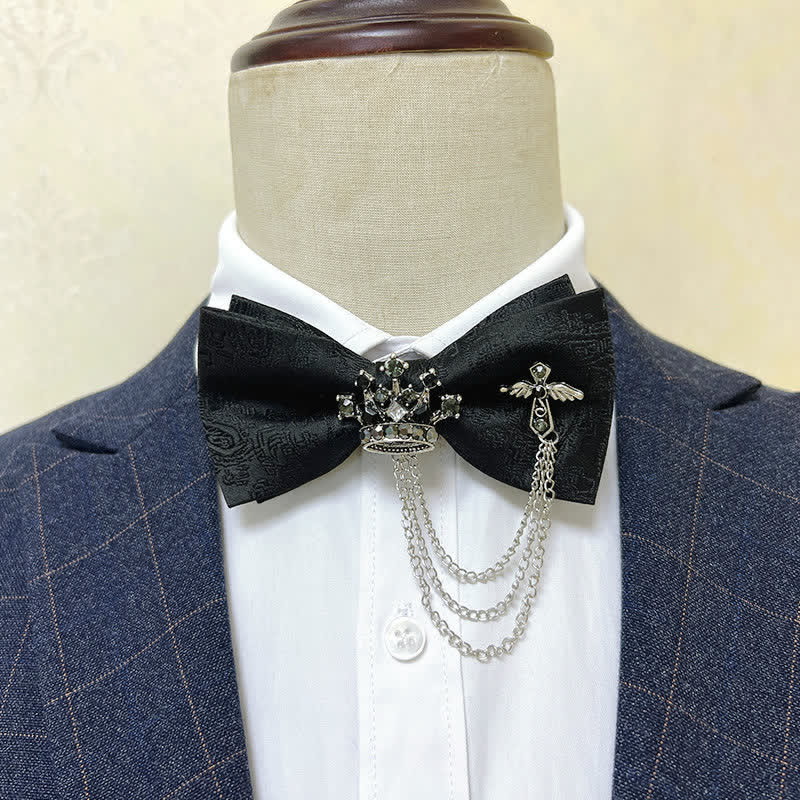 Papillon da uomo con corona in metallo argentato e catena a croce - Paisley nero / argento - image 0
