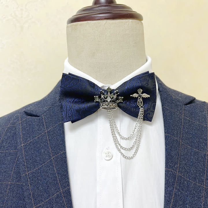 Papillon da uomo con corona in metallo argentato e catena a croce - Paisley blu navy / argento - image 9