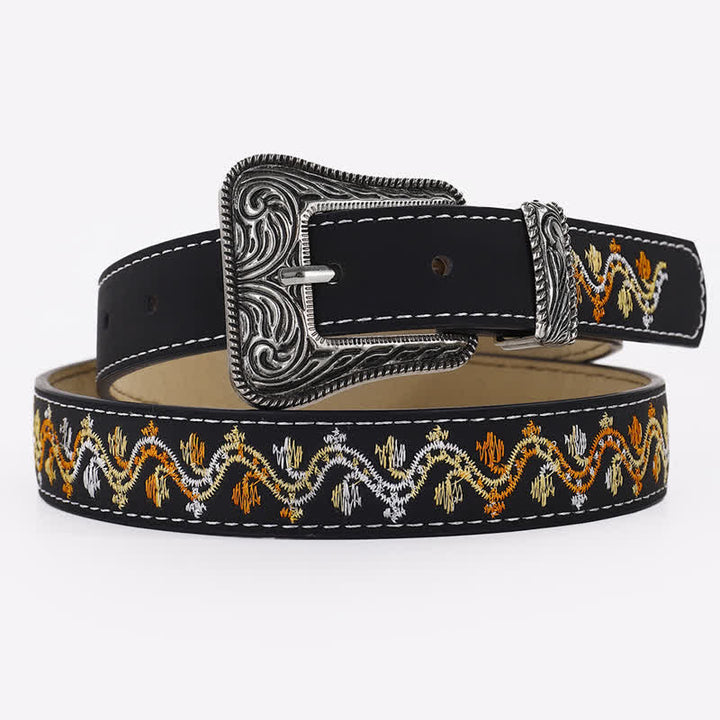 Cintura da donna in pelle con ricamo nero, arancione e bianco - Nero - 34 - image 0