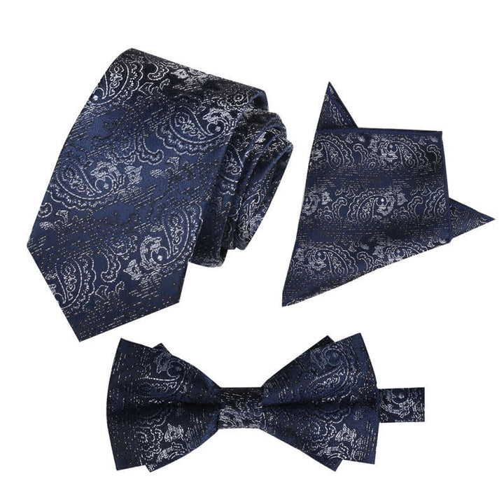 Set di 3 cravatte e papillon con motivo paisley fantasy da uomo - Blu notte - image 1