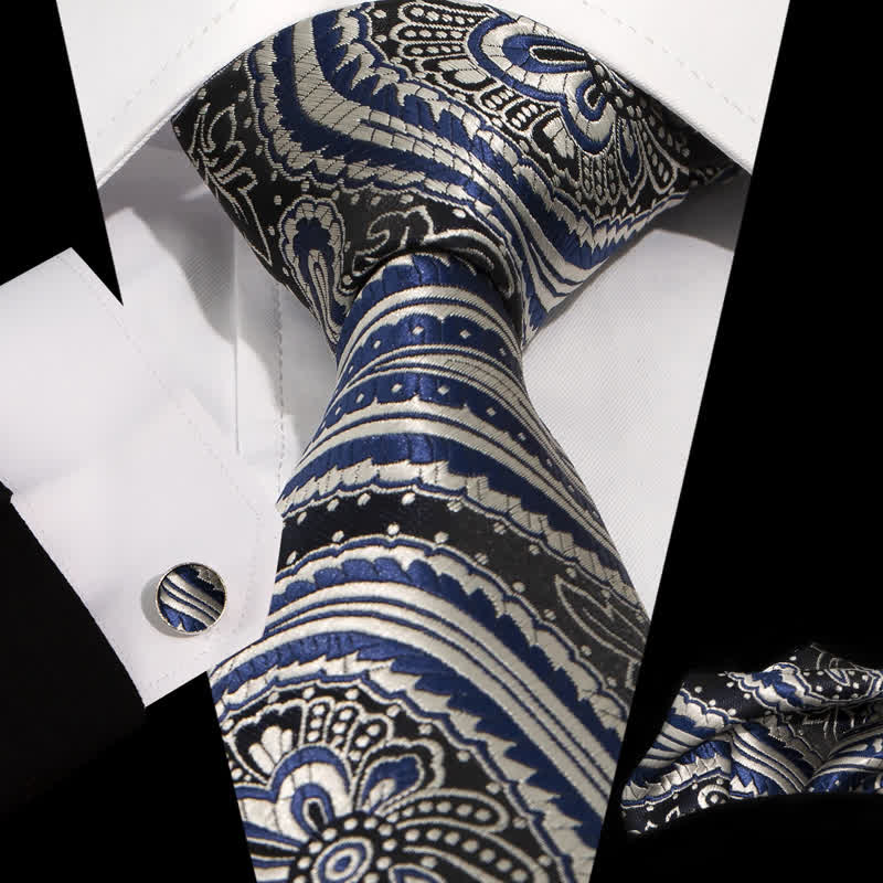 Set di 3 cravatte da uomo in jacquard con motivo Paisley blu e argento - Blu e argento - image 0