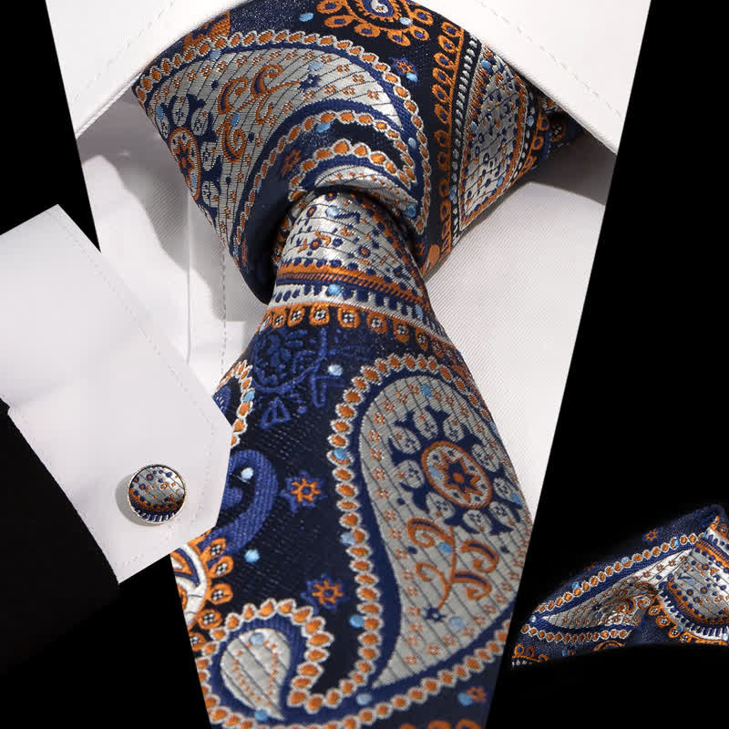 Set di 3 cravatte da uomo in jacquard Paisley blu navy bianco arancione - Blu marino e bianco - image 0
