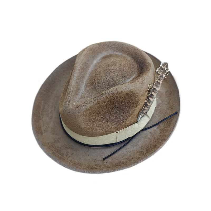 Cappello da cowboy in feltro con decorazione di piume invecchiate color cammello - image 7