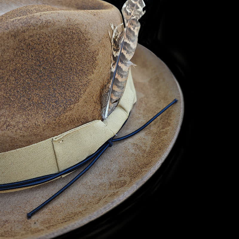 Cappello da cowboy in feltro con decorazione di piume invecchiate color cammello - image 6