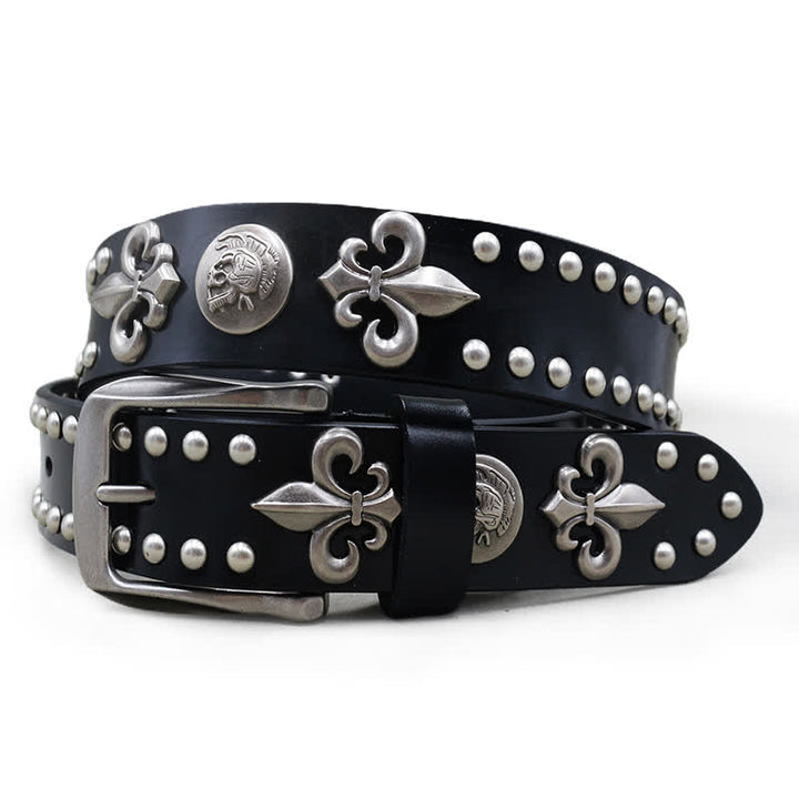 Cintura in pelle gotica con 2 file di borchie in argento e teschio - Nero - 44 - image 0