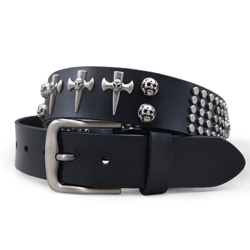 Cintura in pelle con borchie punk rock a 3 file con croce e teschio - Nero - 44 - image 0