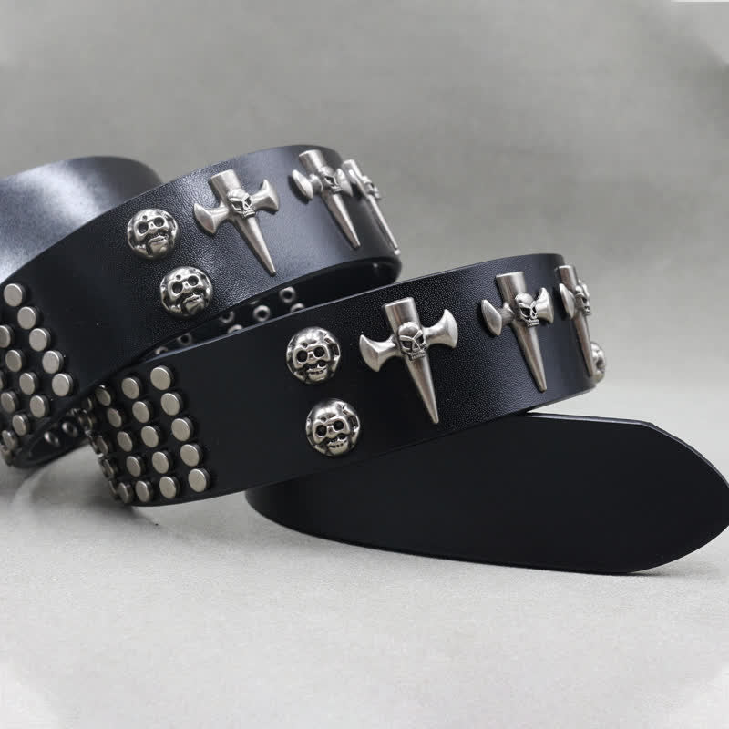 Cintura in pelle con borchie punk rock a 3 file con croce e teschio - image 2