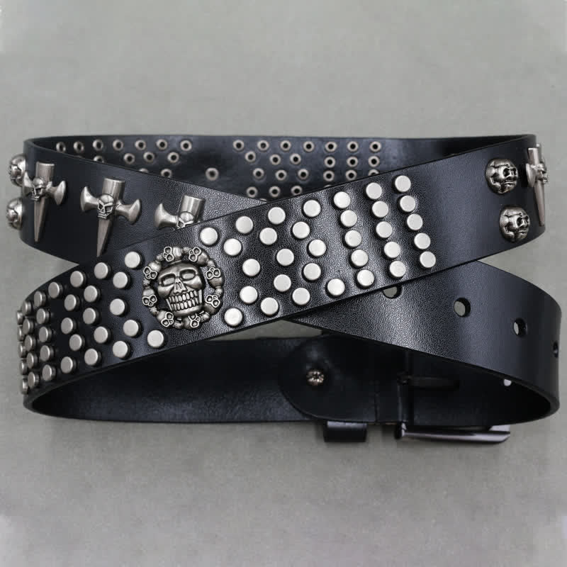 Cintura in pelle con borchie punk rock a 3 file con croce e teschio - image 1