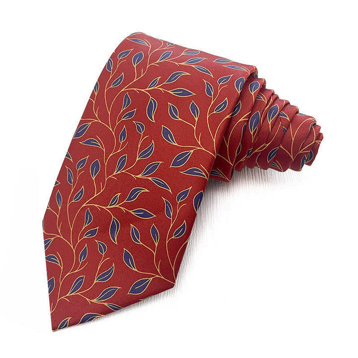 Cravatta da uomo con stampa floreale a foglie rosso scuro e blu navy - image 1