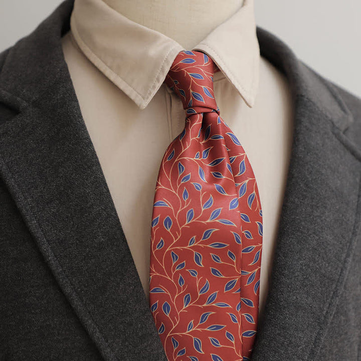 Cravatta da uomo con stampa floreale a foglie rosso scuro e blu navy - Rosso scuro e blu navy - image 0
