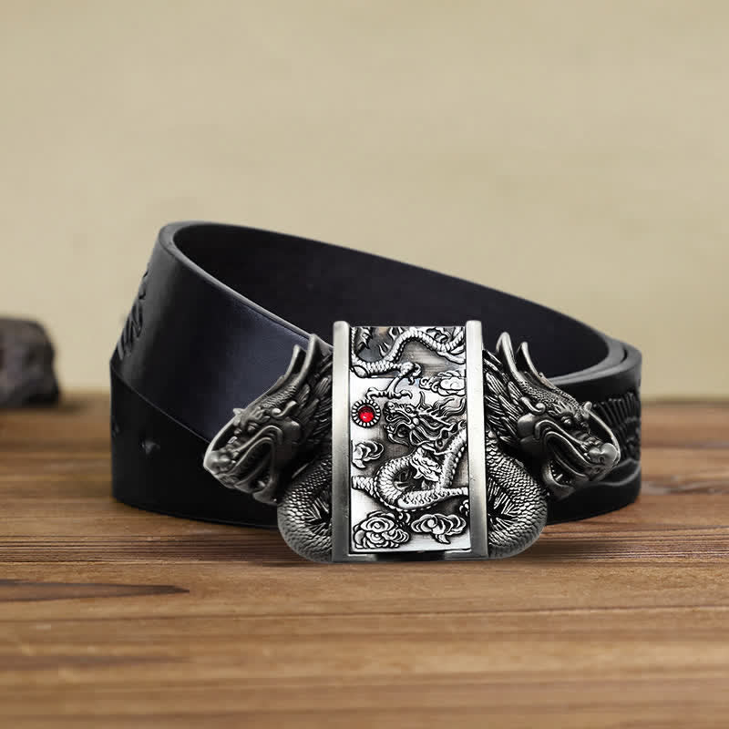 Cintura in pelle Dual Dragon argento antico fai da te da uomo con accendino nascosto - Drago - Cintura aquila nera in rilievo - 42 - image 6