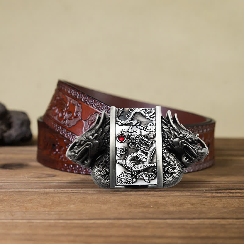 Cintura in pelle Dual Dragon argento antico fai da te da uomo con accendino nascosto - Drago - Cintura marrone intagliata - 42 - image 14
